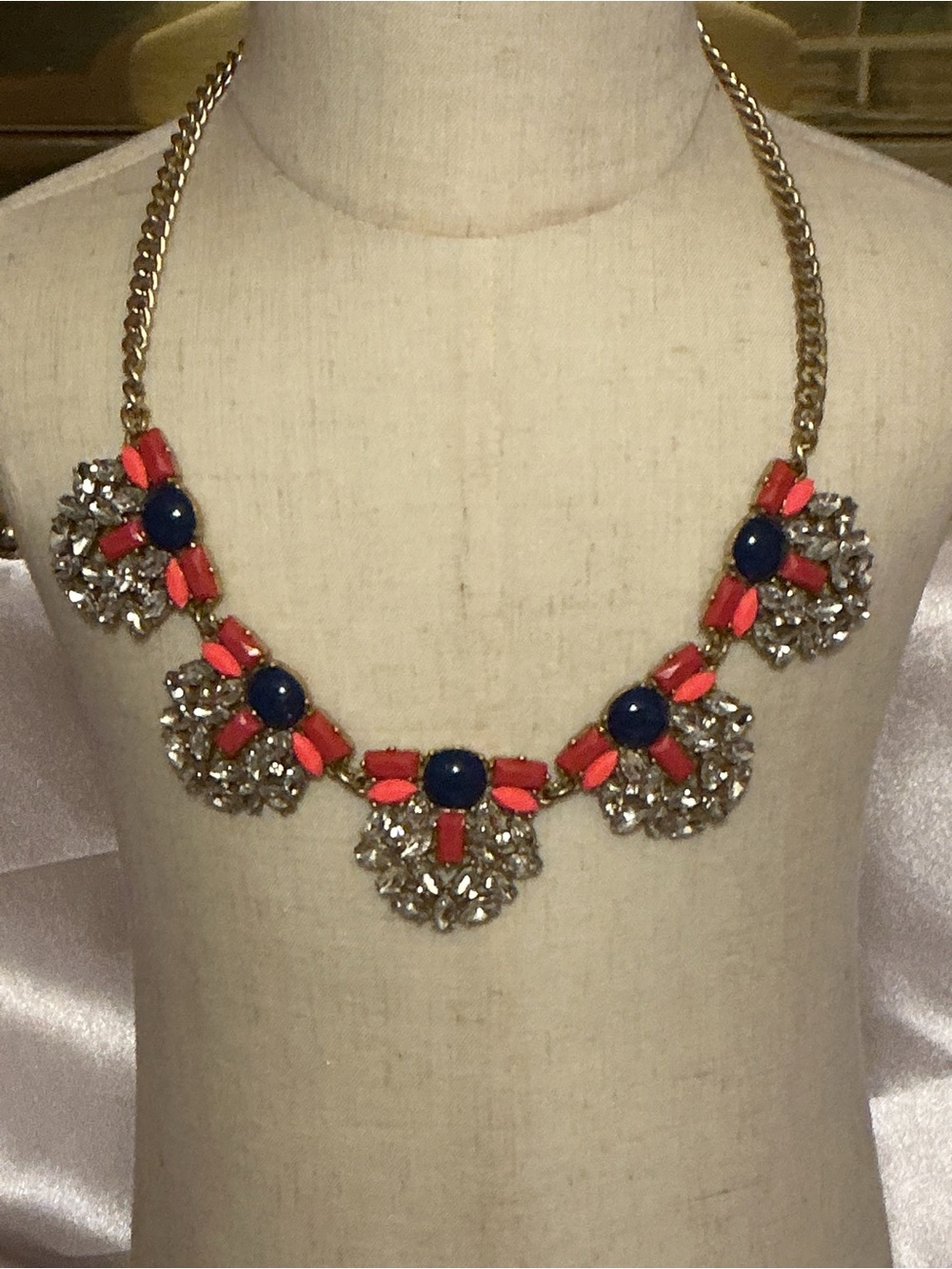 J. Crew Gold-Tone Coral and Navy Crystal Bib Necklace